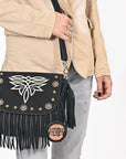 American Darling Genuine Suede Leather Cross body Bag - Fringe, Embroidery & Concho Eco-Friendly Vegetable Tanned Purse