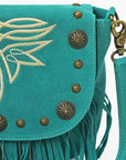 American Darling Genuine Suede Leather Cross body Bag - Fringe, Embroidery & Concho Eco-Friendly Vegetable Tanned Purse