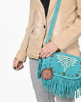 American Darling Genuine Suede Leather Cross body Bag - Fringe, Embroidery & Concho Eco-Friendly Vegetable Tanned Purse
