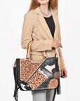 Western Hand-Tooled Leather Shoulder Bag with Hair-On Panels & Fringe – Premium Crossbody Handbag