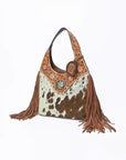 Western Hand-Tooled Leather Hobo Bag with Hair-On Hide & Fringe – Artisan Shoulder Handbag