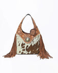 Western Hand-Tooled Leather Hobo Bag with Hair-On Hide & Fringe – Artisan Shoulder Handbag