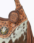 Western Hand-Tooled Leather Hobo Bag with Hair-On Hide & Fringe – Artisan Shoulder Handbag