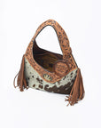Western Hand-Tooled Leather Hobo Bag with Hair-On Hide & Fringe – Artisan Shoulder Handbag