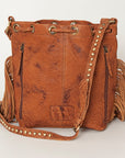 American Darling Bucket Bag Hair-On Cowhide Genuine Leather Fringes Riveted Drawstring Western Purse 11in X 13in X 5in
