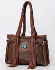 American Darling Tote Bag Western Genuine Leather Handcrafted Purse with Fringes and Turquoise Stone and Braided Handles