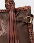 American Darling Tote Bag Western Genuine Leather Handcrafted Purse with Fringes and Turquoise Stone and Braided Handles