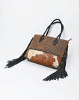 American Darling Western Quilted Leather Tote with Hair-On Panel & Fringe