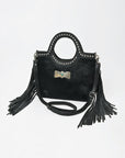American Darling Black Hair-On Hide Fringe Handbag Studded Round Handle Crossbody Purse Women Genuine Leather Shoulder Tote