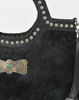 American Darling Black Hair-On Hide Fringe Handbag Studded Round Handle Crossbody Purse Women Genuine Leather Shoulder Tote