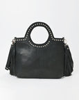 American Darling Black Hair-On Hide Fringe Handbag Studded Round Handle Crossbody Purse Women Genuine Leather Shoulder Tote