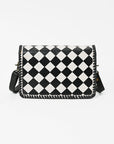 American Darling Western Leather Crossbody Bag Black White Checkered Basketweave Tooled Flap Messenger Purse for Women