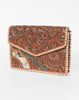 American Darling Tooled Leather Clutch Wallet for Women, Hair-On Hide Western Organizer with Whipstitch Detail