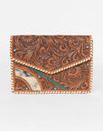 American Darling Tooled Leather Clutch Wallet for Women, Hair-On Hide Western Organizer with Whipstitch Detail