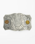 American Darling Horseshoe Western Belt Buckle, Engraved Silver Tone Cowboy Belt Accessory for Men & Women