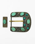 American Darling Vintage Southwest Turquoise Belt Buckle and Keeper Set – Antique Brass Tone Cowboy Buckle Hardware