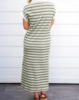 Stripe Collared V-Neck Short Sleeve Midi Dress