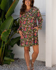 Floral Split Neck Bubble Sleeve Shift Mini Dress