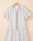 Floral Bubble Sleeve Tie Neck Ruffle Hem Dress