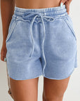 Mineral Wash Drawstring Elastic Waist Raw Edge Shorts