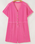 Corded Knit Buttoned V-Neck Short Sleeve Romper