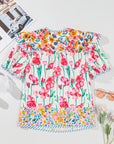 Floral Stripe Detail Split Neck Short Sleeve Blouse