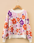 Floral Ribbed Trim Drop Shoulder Sweater