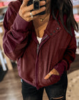 Waffle Zip Up Snap Button Hooded Jacket