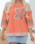 Plaid Flower Waffle Knit Patchwork 3/4 Sleeve Top