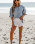 Chambray Ruffle Short Puff Sleeve Buttoned Shirt