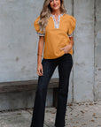 Leopard Contrast Trim Split Neck Puff Sleeve Blouse