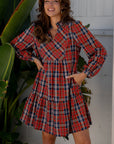 Plaid Frilled Collar Long Sleeve Mini Dress