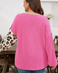 Plus Size Leopard Corded Knit Patchwork Long Sleeve Top