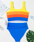 Colorblock Square Neck Top & High Waist Bikini Set