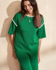 Contrast Trim Top and Drawstring Pants Set