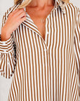 Stripe Ruffle Hem Collared Long Sleeve Shirt Mini Dress