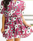Floral Short Puff Sleeve Belted Mini Dress