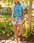 Floral Lace Trim Ruffle Sleeve Pleated Blouse