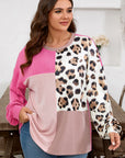 Plus Size Leopard Corded Knit Patchwork Long Sleeve Top