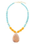 Apricot Fossil Blue Magnesite Golden Pendant Necklace