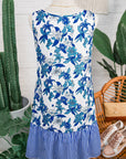 Floral Stripe Patchwork Sleeveless Ruffle Hem Dress