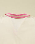 Pink Stripe Contrast Polo Collar Drop Shoulder Patchwork Plus Size Pullover