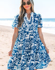 Floral Ricrac Trim Split Neck Tiered Mini Dress