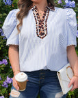 Plus Size Leopard Collar Stripe Bubble Sleeve Blouse