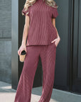 Corded Knit Mock Neck Tee and Pant Set