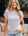 Solid Bow Tie Applique Cap Sleeve Sweater