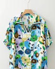 Floral Slit V-Neck Short Sleeve Blouse