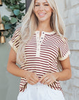 Stripe Half Buttoned Short Sleeve Top