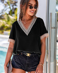 Lace Trim V-Neck Short Sleeve Casual Blouse