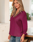 Leopard Trim Flounced 3/4 Sleeve V-Neck Blouse